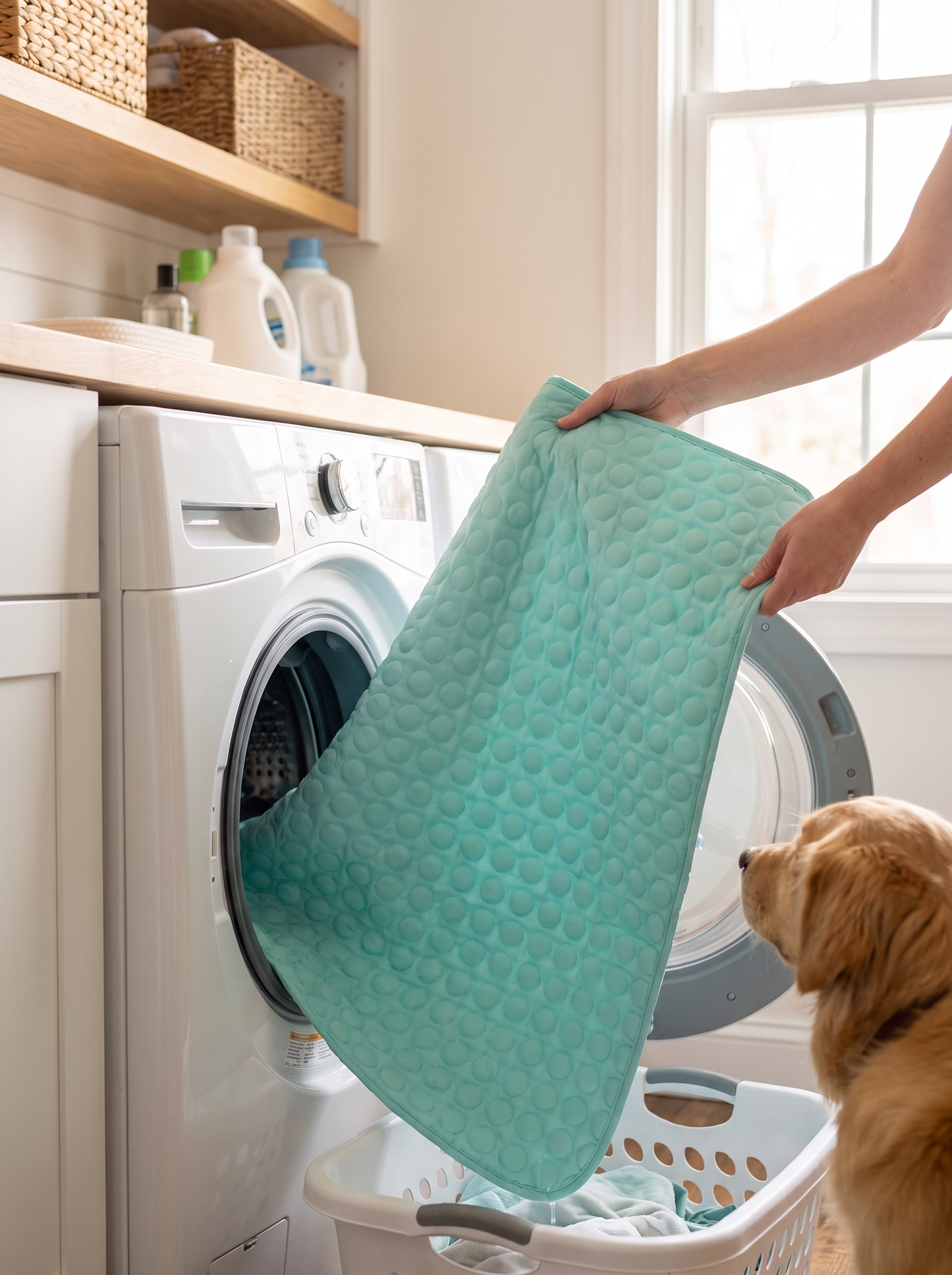 Caniora Cooling Mat pulled fresh from the washing machine, with a Golden Retriever watching nearby
