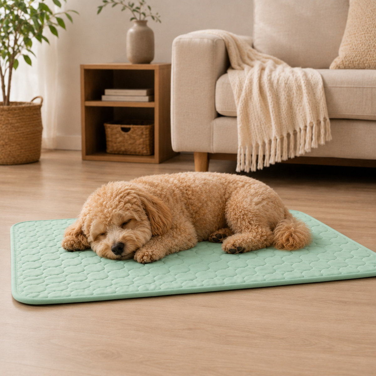Dog resting on a Caniora Cooling Mat in a living room