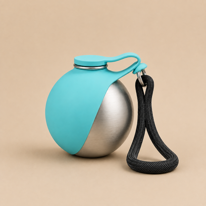 Caniora Portable Water Bottle, teal, studio shot with woven strap