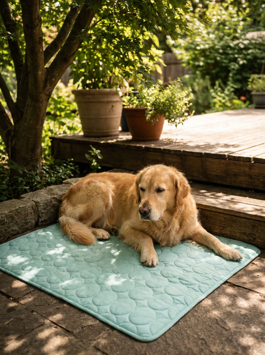 Golden Retriever resting in the shade on a Caniora cooling mat