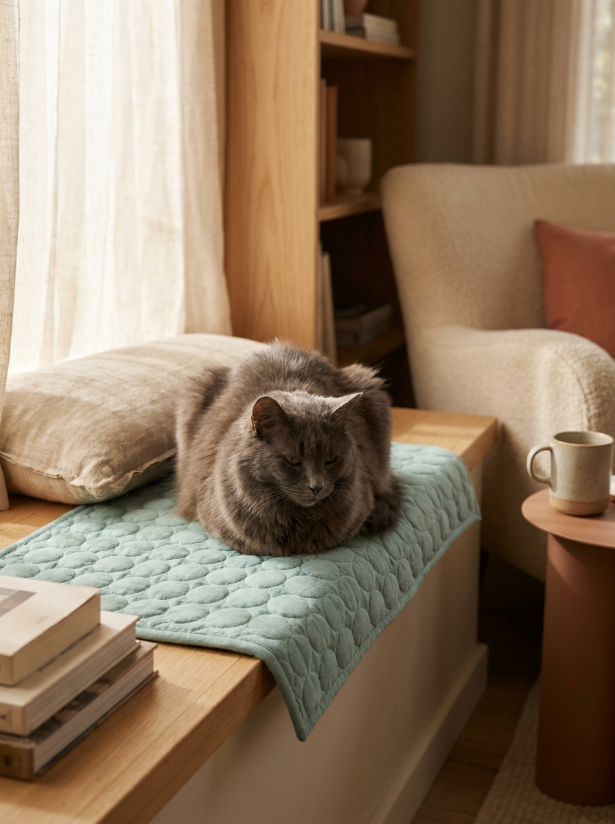 Cat resting on a Caniora Cooling Mat by a windowsill