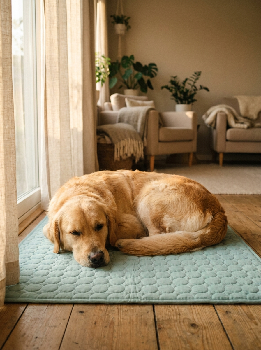 Golden Retriever resting on a Caniora Cooling Mat indoors by a sunlit door