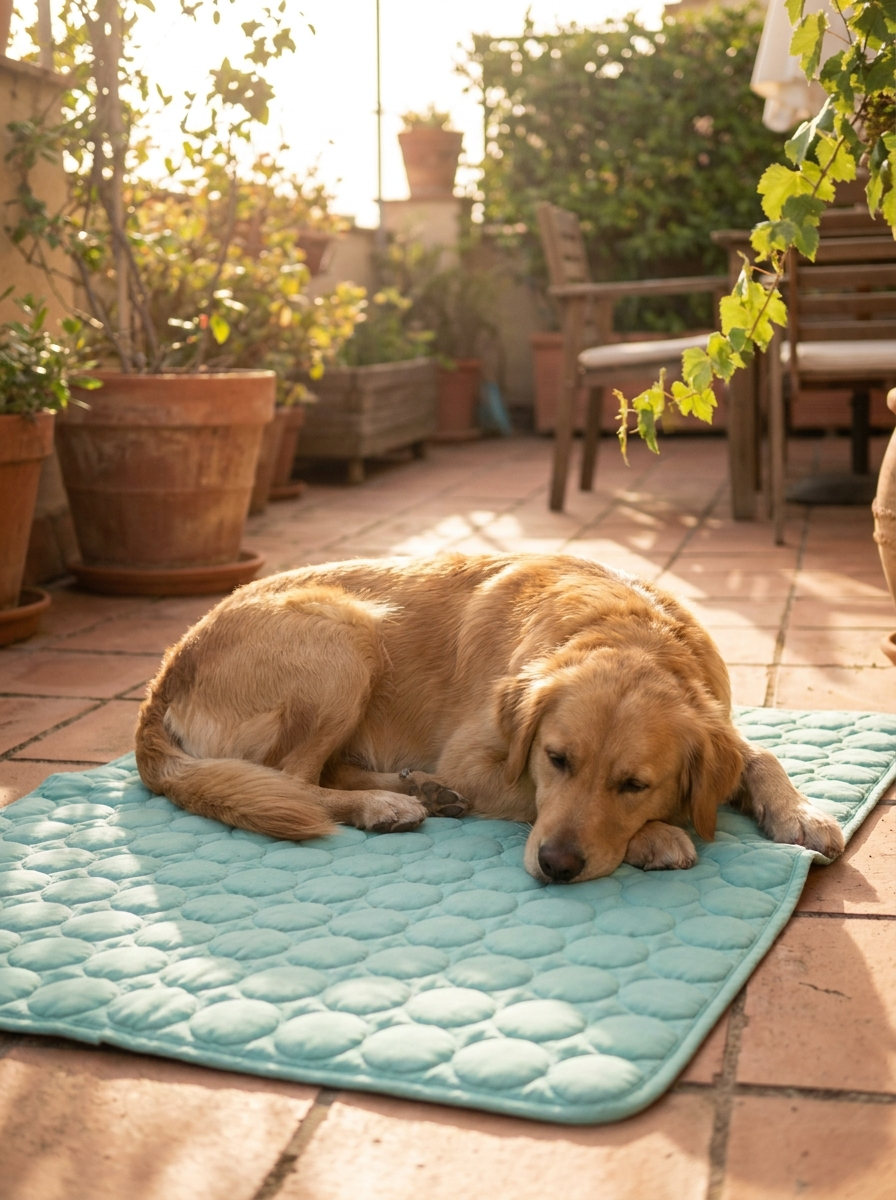 Golden Retriever resting on a Caniora Cooling Mat on a sunny terrace