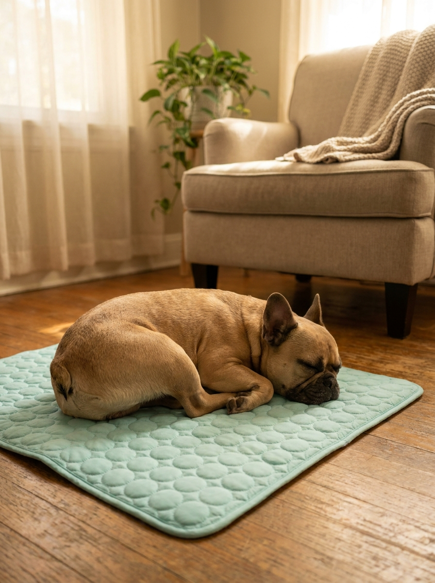 French Bulldog sleeping on a Caniora Cooling Mat in a living room