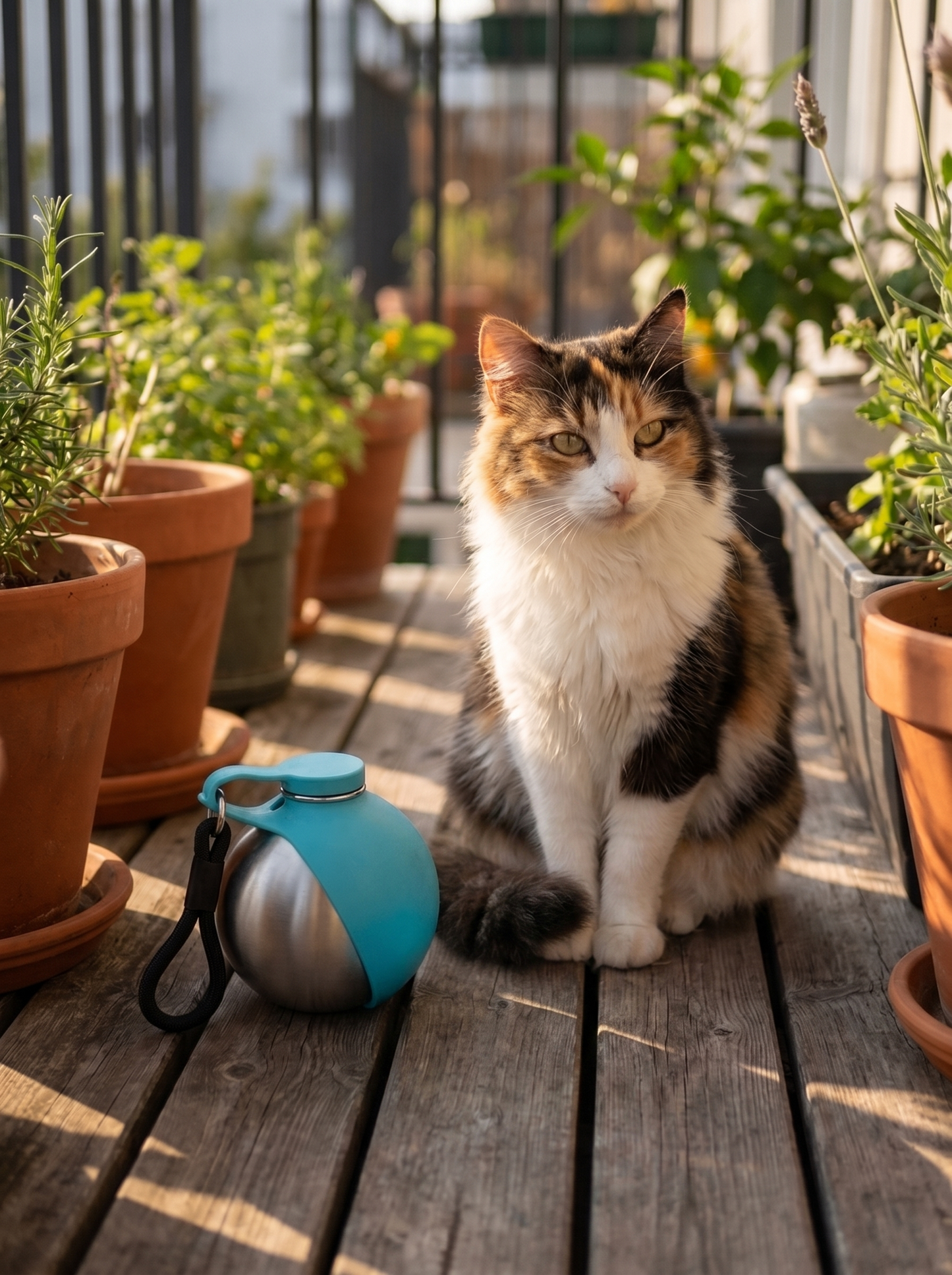 Caniora Portable Water Bottle on a balcony with a cat