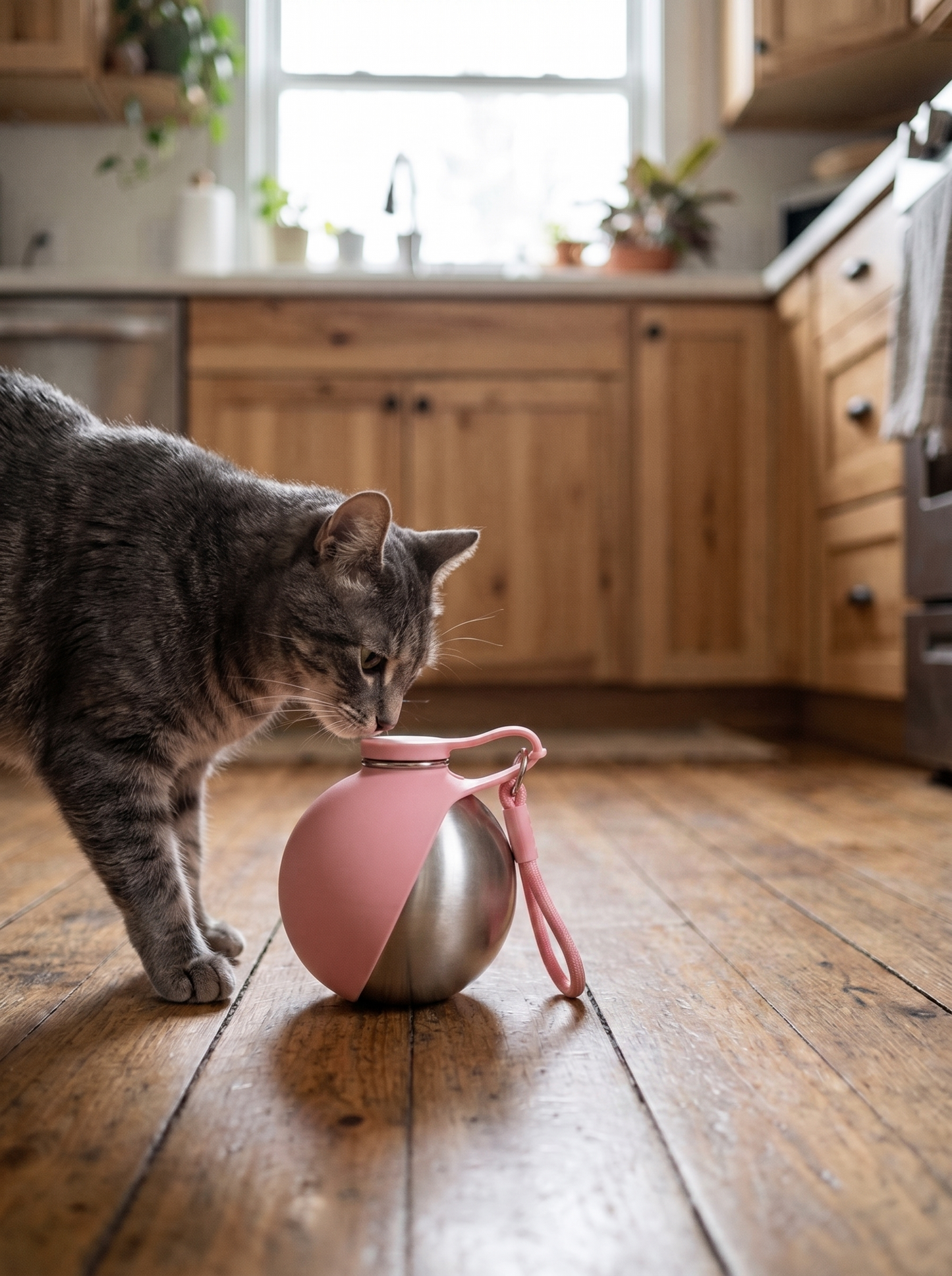 Caniora Portable Water Bottle, Pink, with a cat in the kitchen