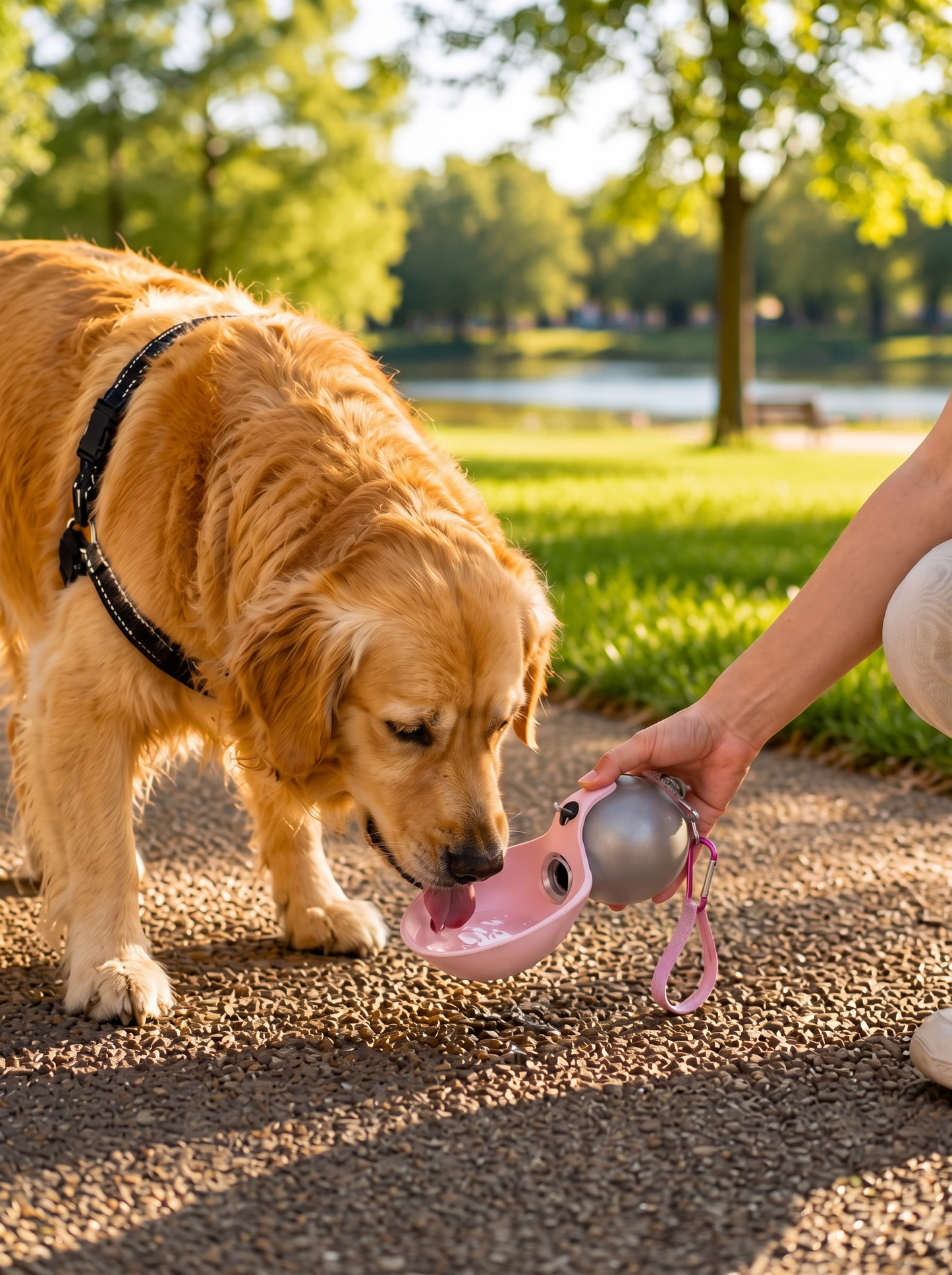 Golden Retriever drinking water from the Caniora Portable Water Bottle fold-out bowl in a sunny park