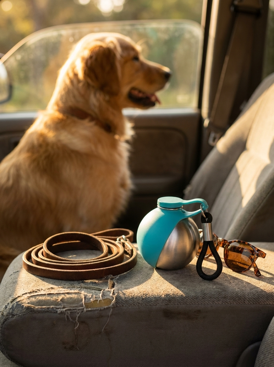 Caniora Portable Water Bottle on a road trip with a Golden Retriever